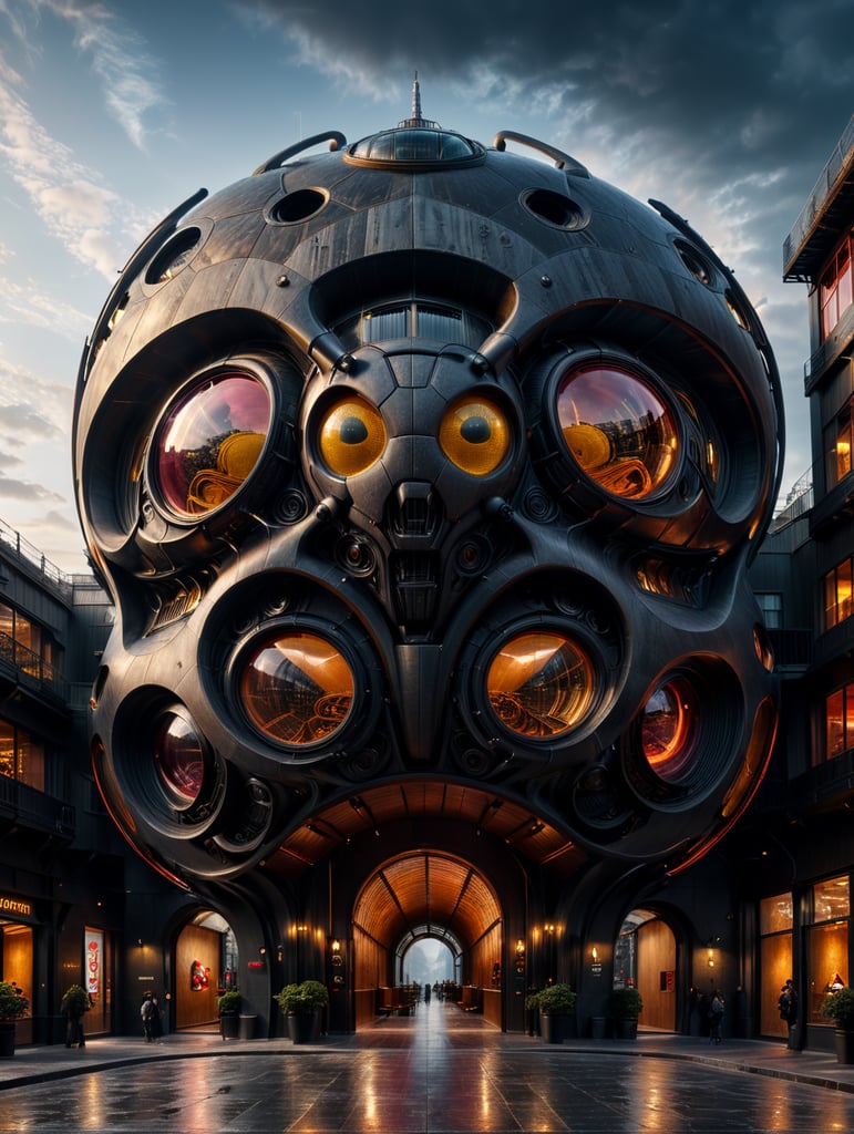 the craziest, bentwood, far view lens architectural modern style hyper realistic hyper detailed neocosmic exterior architecture design of a wasp Fluid complex facade, geometric shapes spectrum, black::1 red:3, Antoine Blanchard architecture art style, in new York city, dramatic ambient, natural lighting