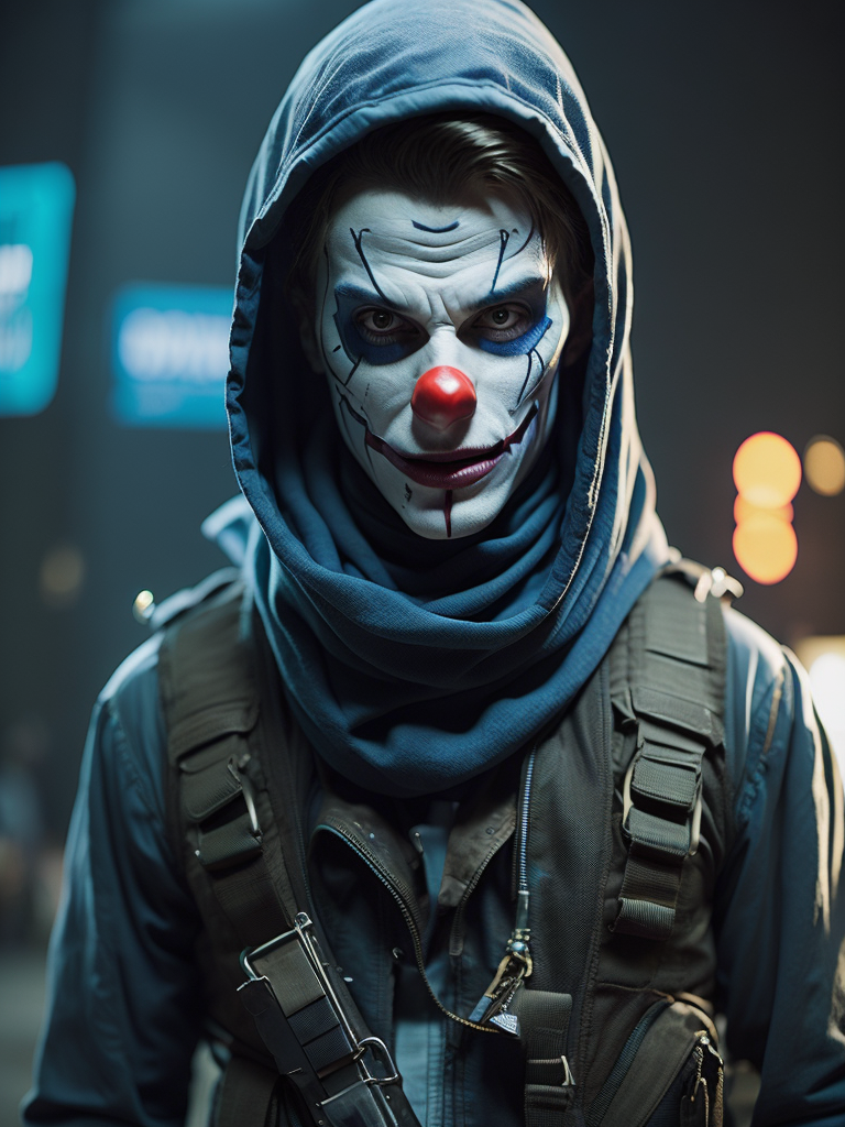 portrait of terrorist with plastic clown mask on face, CS:GO, counter-strike Agent, dark, deep, scary, crazy, hyper realism, ak-47, neon light photorealistic, raytracing, Unreal Engine, Cinematic, Ultra Wide Angle, Depth of Field, hyper detailed, crazy details, intricate details, Cinematic, ((epic))