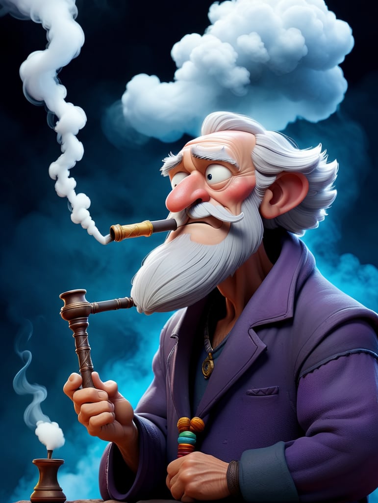 old wizard smoking a large hookah pipe with a huge cloud of smoke above him
