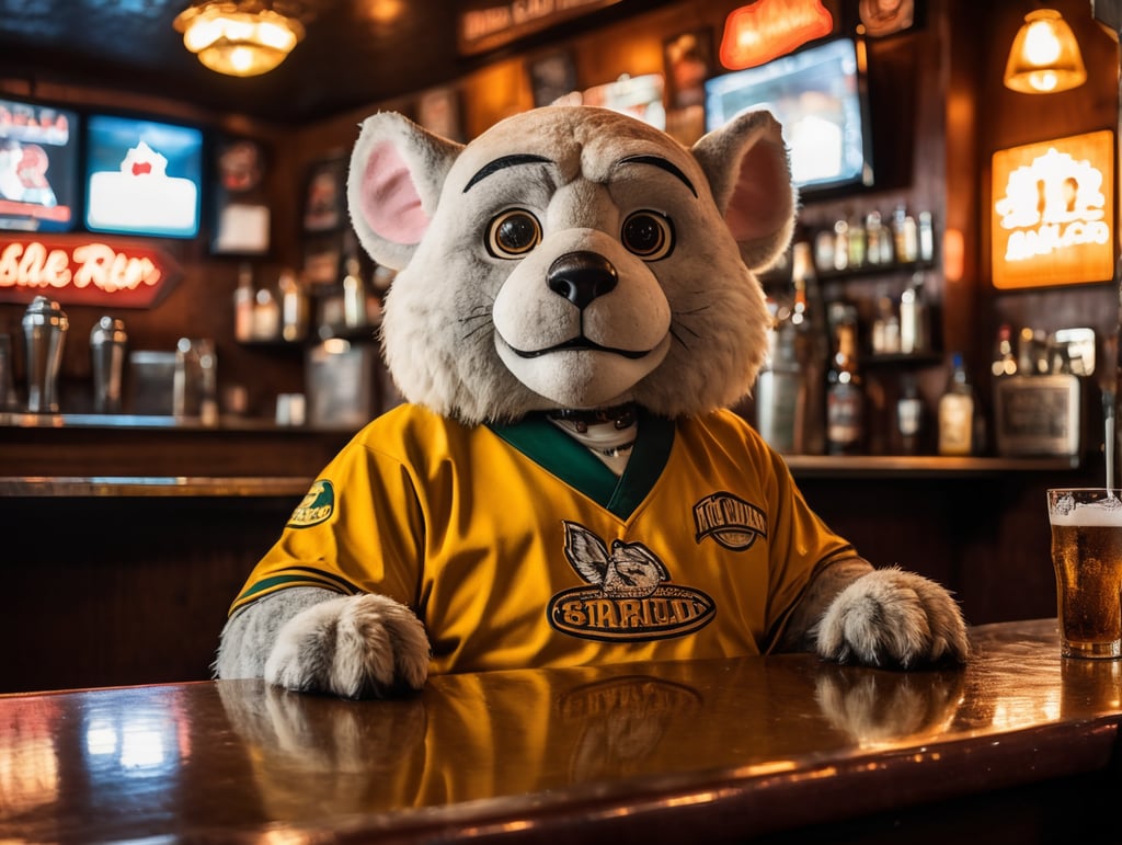 College mascot sits in dirty dive bar