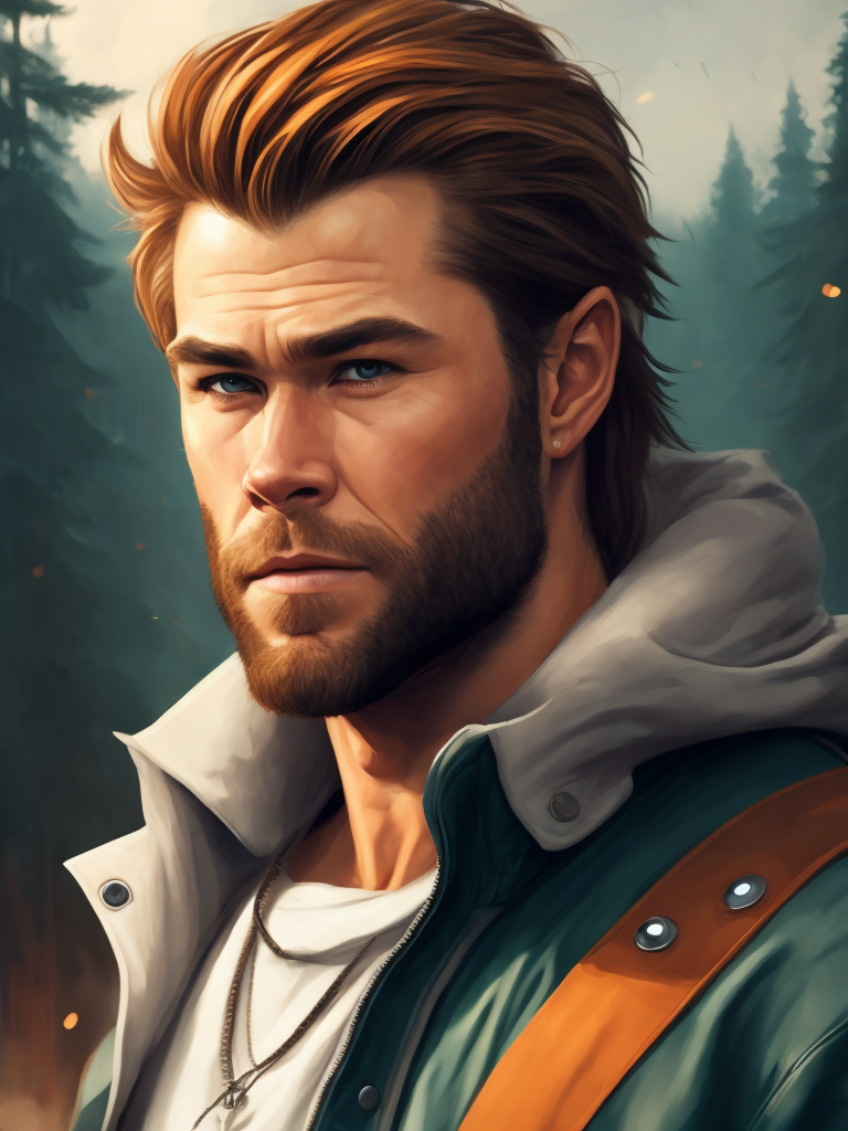 Portrait of Chris Hemsworth as a Canadian lumberjack, with a large beard and a plaid shirt, against the backdrop of a dense forest, bright saturated colors, Contrasting cinematic light