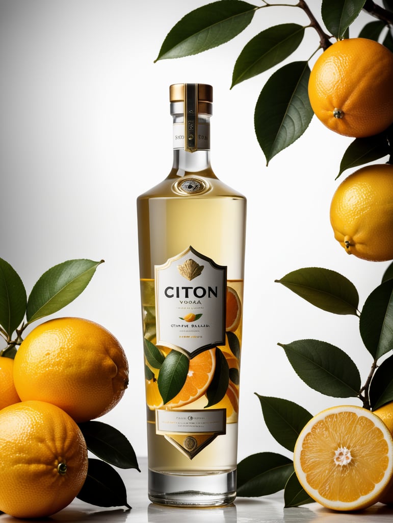 Packaging and branding for a citron vodka brand as if it had been designed by HI ESTUDIO with In a set design with citrus fruits, citrus fruits and dry citrus leaves.