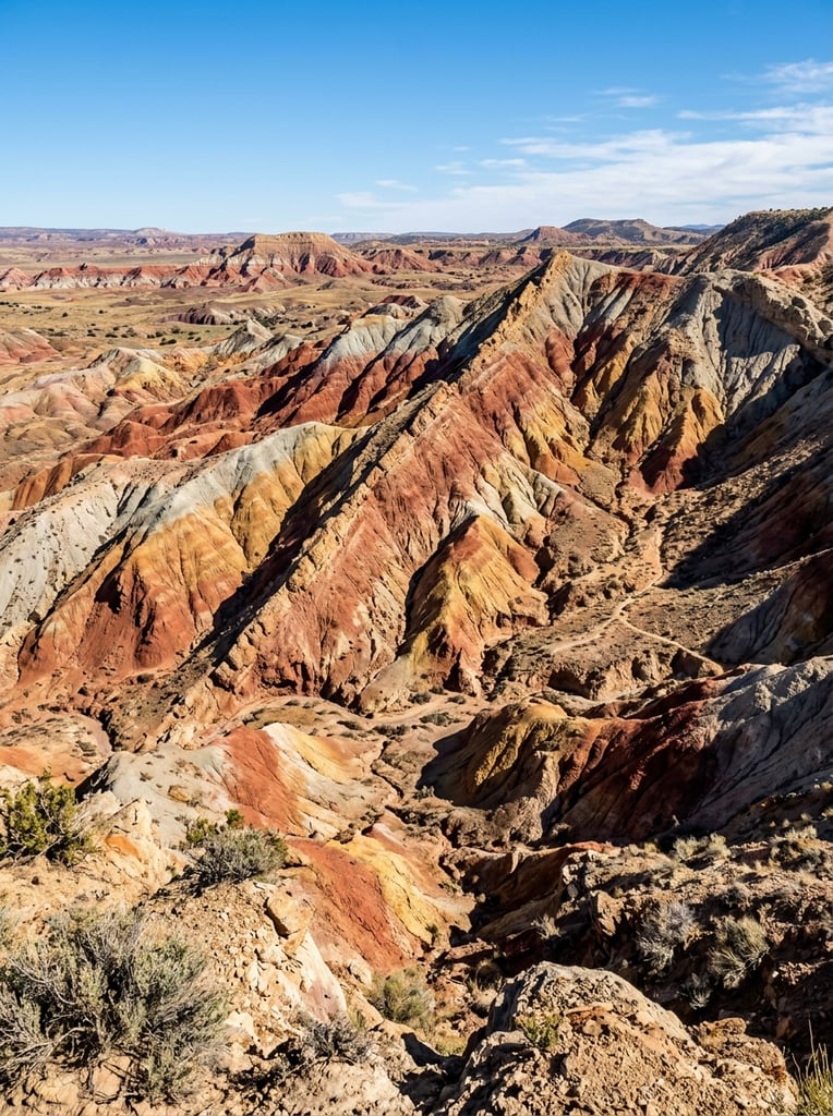 vibrant rolling badlands, striking geological strata, diagonal ridges of deep red, rusty orange, yellow and pale gray earth, eroded gullies, strong sunlight, sharp shadows