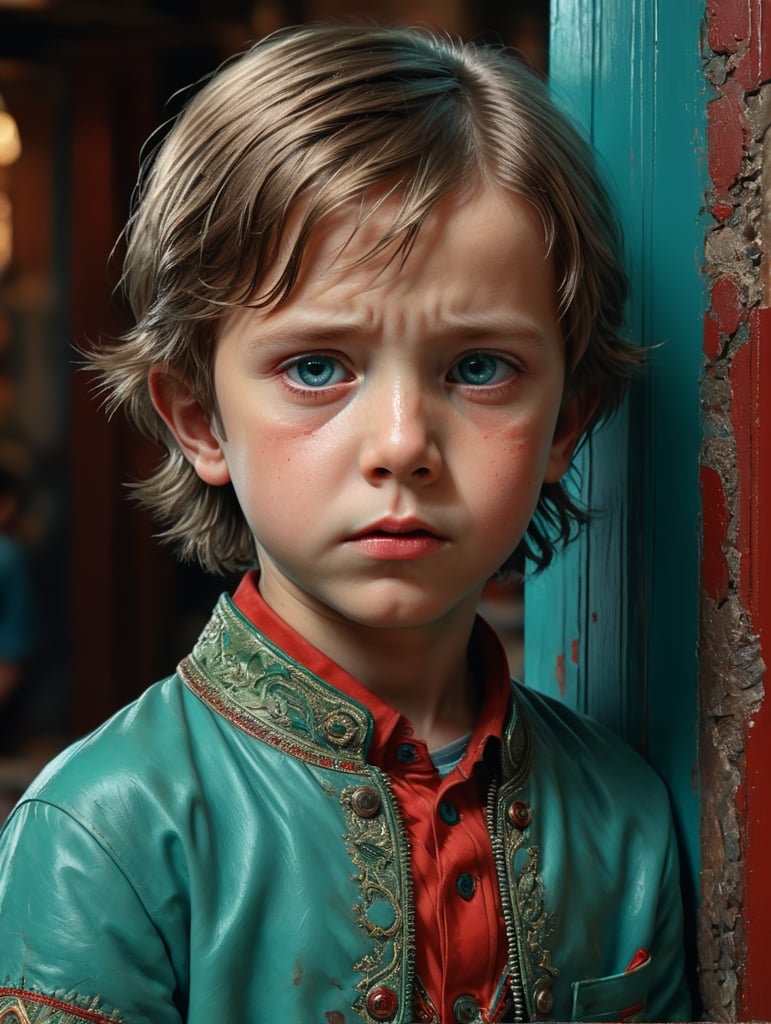 Portrait of sad child, half lenght, Wes Anderson style, Incredibly high detail, Bright colors, turquoise green and red colors,