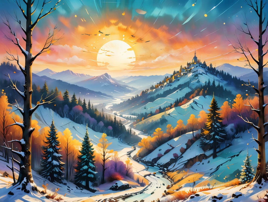 A breathtaking winter landscape with a snow-covered forest and distant rolling hills under a golden sunset, vibrant ornaments hanging delicately from snowy tree branches in the foreground, gentle bokeh lights sparkling in the background, creating a serene yet festive atmosphere. Intricate details in the frosted trees, shimmering snow reflecting soft light, and a tranquil winter wonderland ambiance with a warm holiday spirit. Ultra-high resolution, deep focus, captivating and vivid, inviting seasonal cheerfulness and peace.