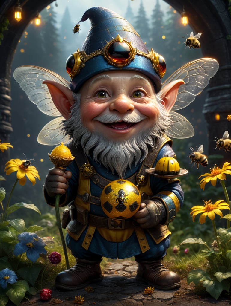 A little gnome celebrates the new year with a bee