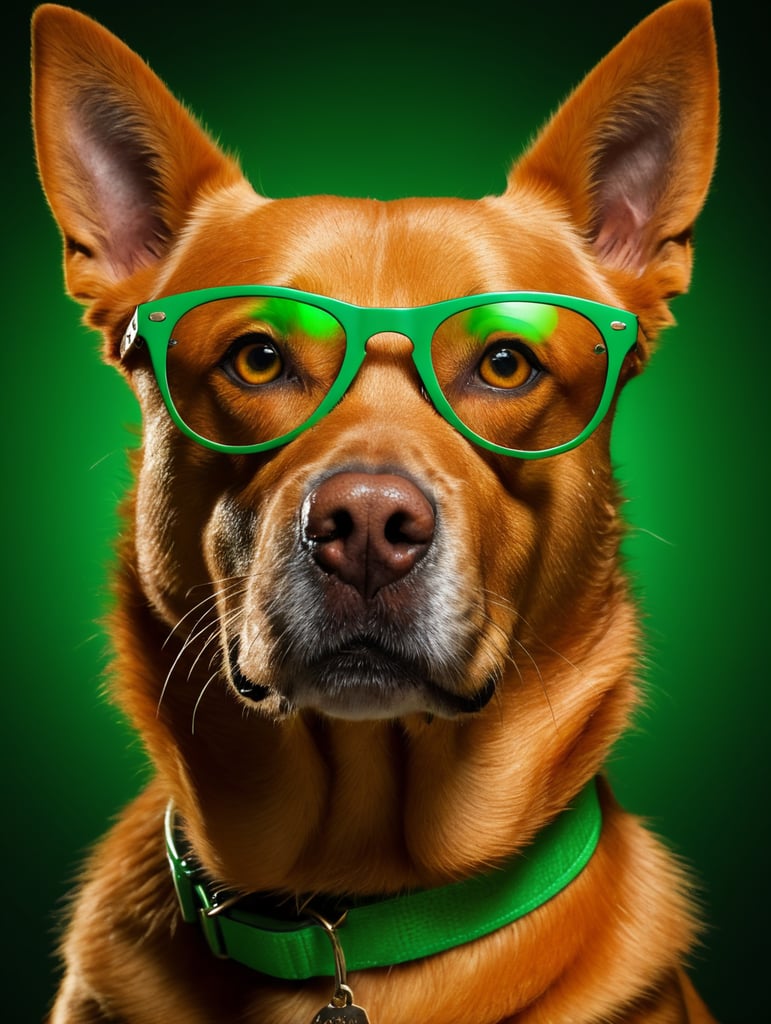 portrait of a orange dog, wearing green sunglasses, green background, bright colors