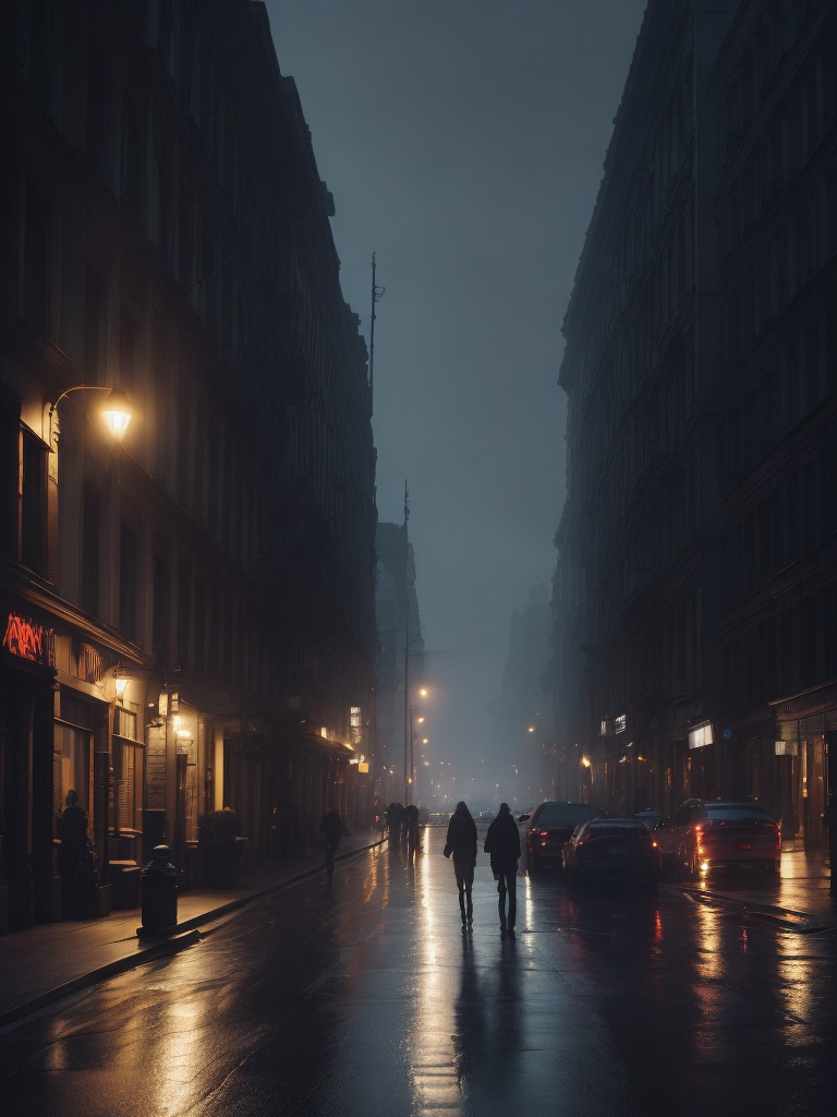 A city street in the night, rainy weater, little fog and people and cars