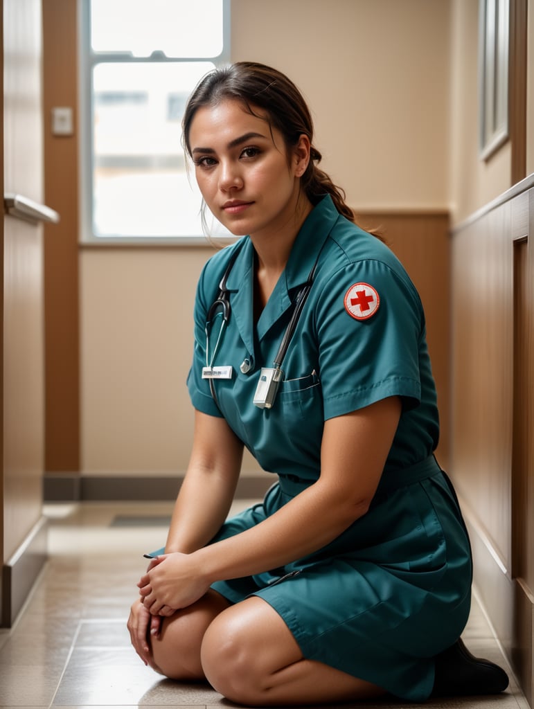 Portrait of a female working nurse, sitting on the floor in the hallway, sad face, sad colors and atmosphere, the light from the window illuminates her face