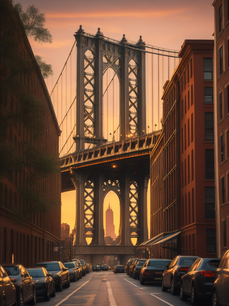 Manhattan bridge view from dumbo, Sunset, High detail, High contrast, Deep rich colors