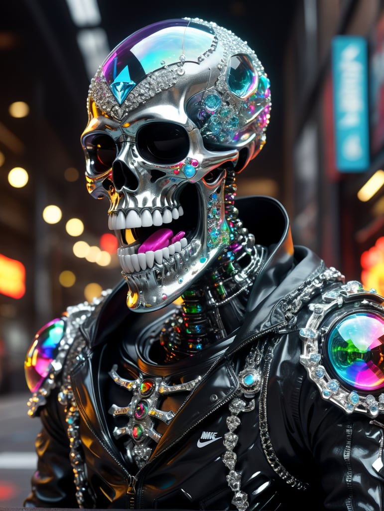 complete body, head, arms, legs, feet 3d model unreal engine render of a full body portrait shot of VVS Diamond Covered with Diamond Cluster Gamer Skeleton character as a shiny metal roman sculpture playing video games covered in bright graffiti and iridescent bubbles, wearing high fashion Clothing and Nike Air Max 1 '86 OG "Doernbecher" Shoes, big diamond chain, big diamond teeth, urban street wear. reflective perfect black studio Lighting with bright rim light high contrast ultra sharp