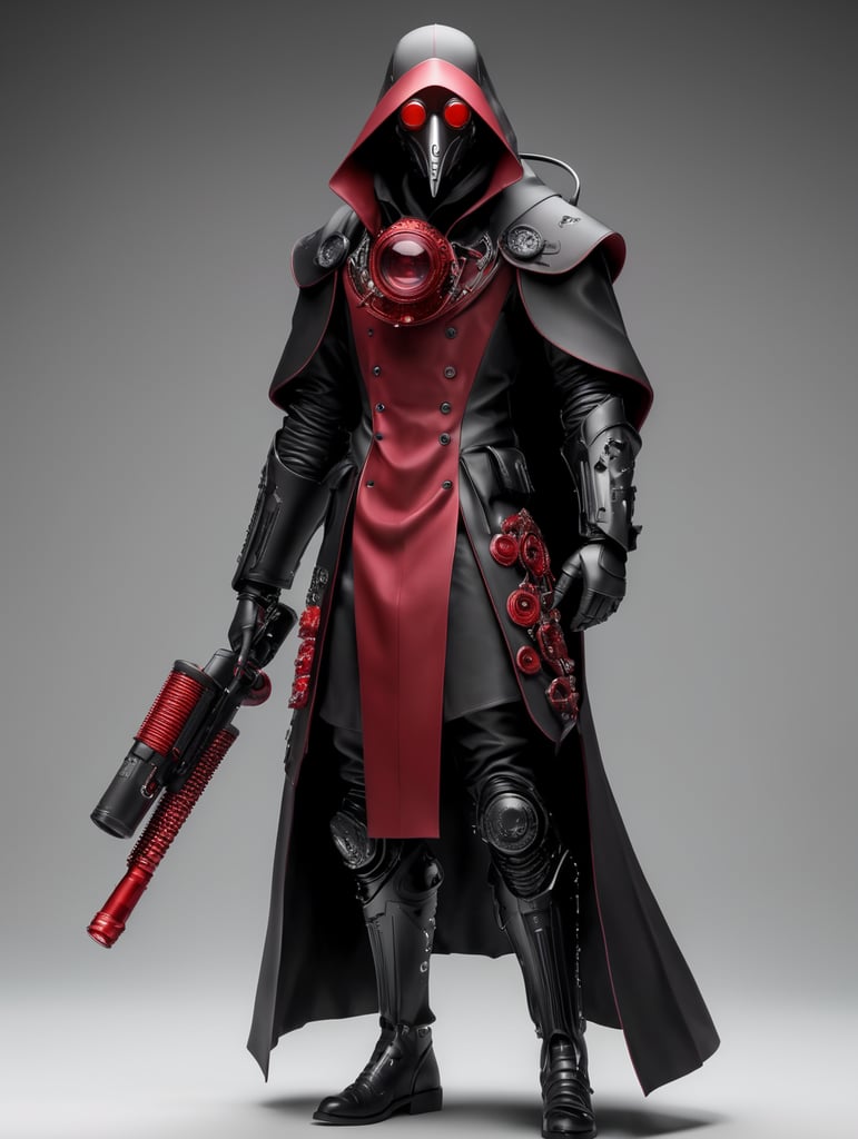 Matte black cyborg humanoid plague doctor, crimson, black on black, octane render, translucent, transparent, realistically detailed, soft light, evoking, Nobuo Sekine