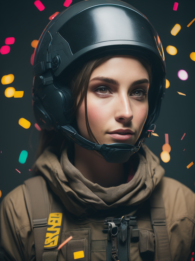 american soldier woman from counter-strike game in winner pose with smile on the face, helmet, confetti background, happy, ultra realism, super detailed, neon colors, magazine cover, professional shot, magazine photography, bright saturated colors, sharp focus, highly detailed