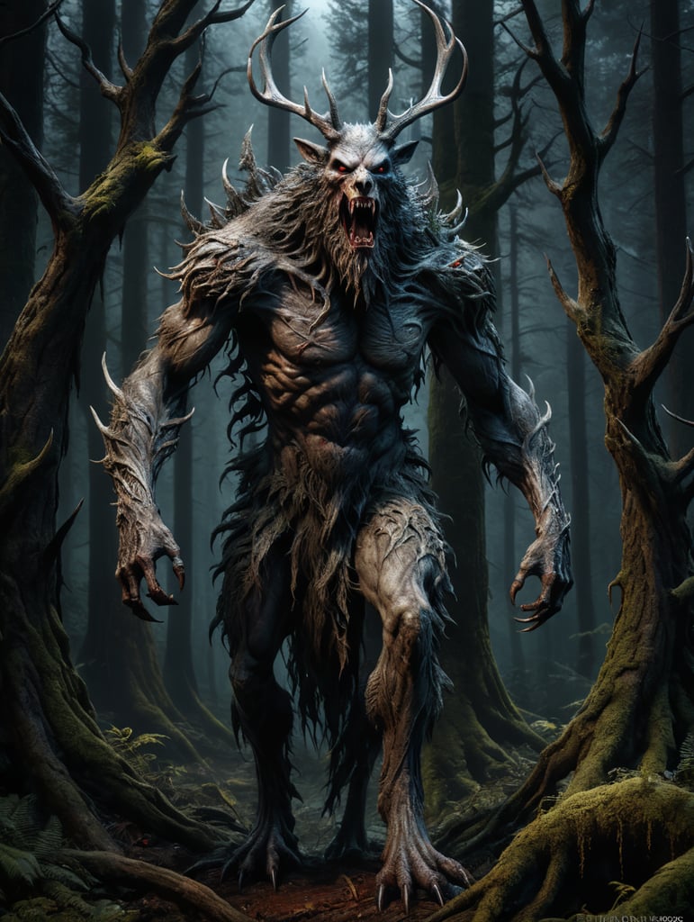 Horror movie creature, wendigo, dark forest background