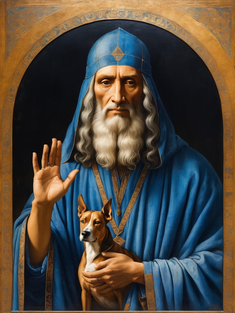 icon painted by Leonardo Davinci, portrait of a man with a dog's head, clothes in a blue coverlet, hand crossing fingers, glow around the head in the form of a triangle