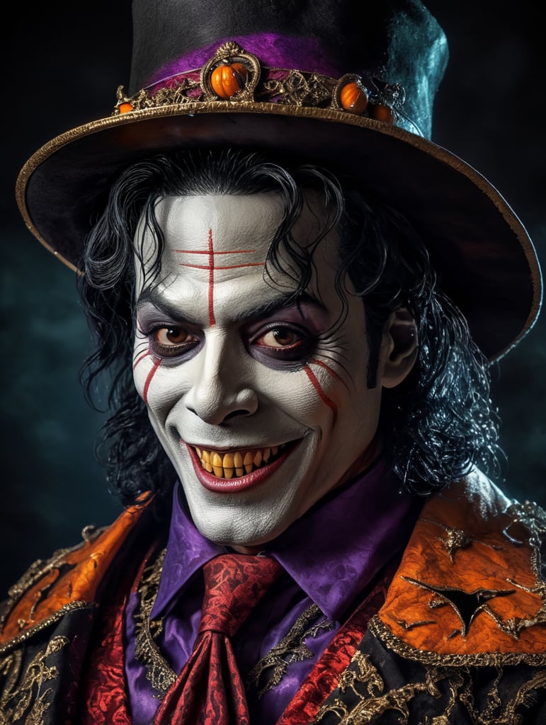Old Michael Jackson as a creepy evil character wearing spooky Halloween costume, evil smile, creepy nose, Vivid saturated colors, Contrast color