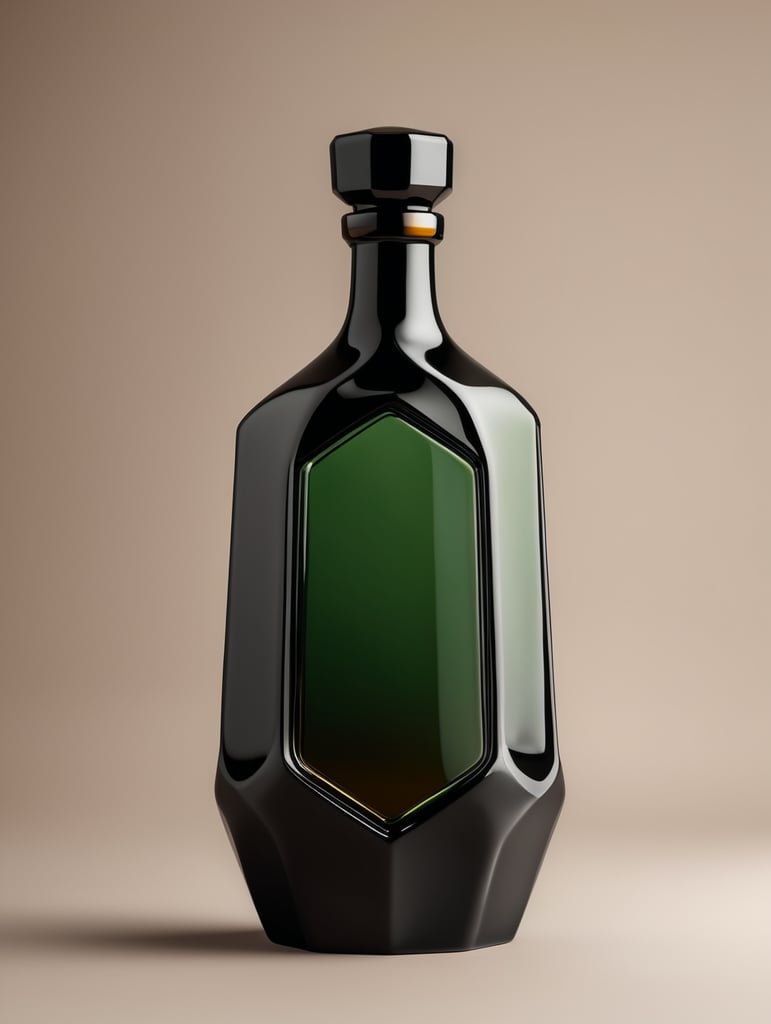 botella de tequila luxury de material ceramico negro con difuminado verde y ambar hexagonal y alta sin etiquetas, tapadera de con textura de basalto, mockup, mock up