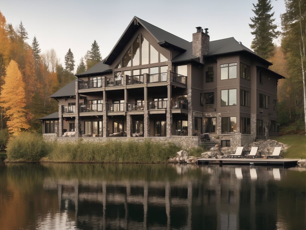 cottage on a lake. big windows. has covered balcony. is two floors