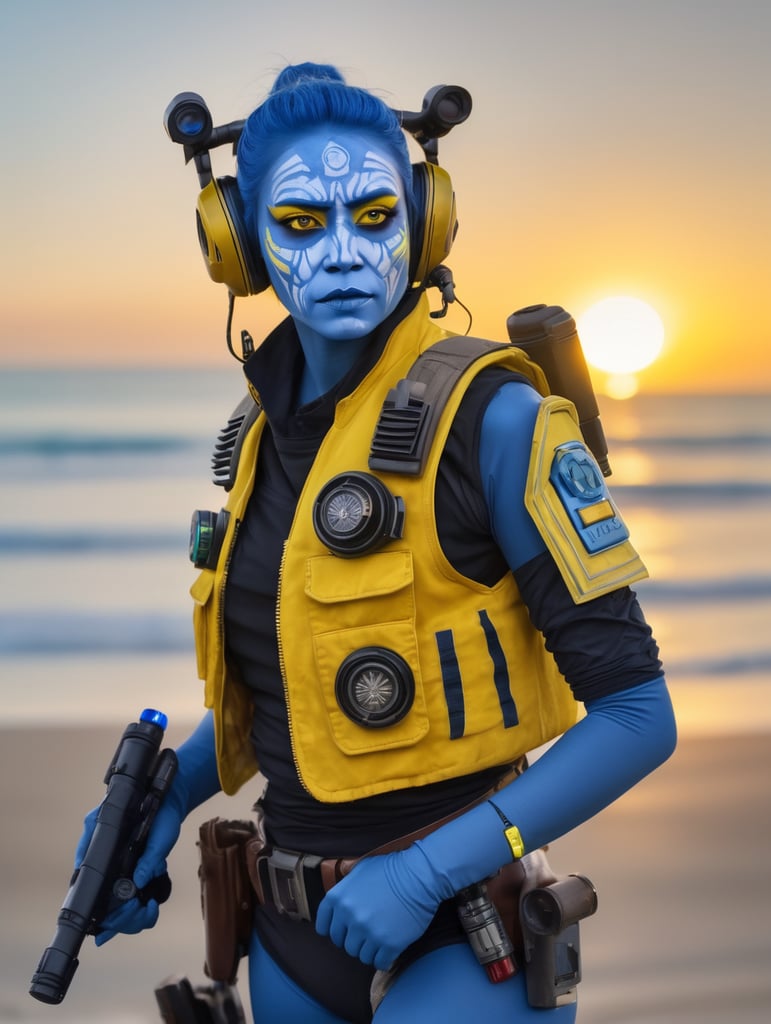 Star wars female pantoran with blue skin and yellow face warpaint. Wearing pilot vest and a radio headset. holding a small laser blaster along a sunset beach.