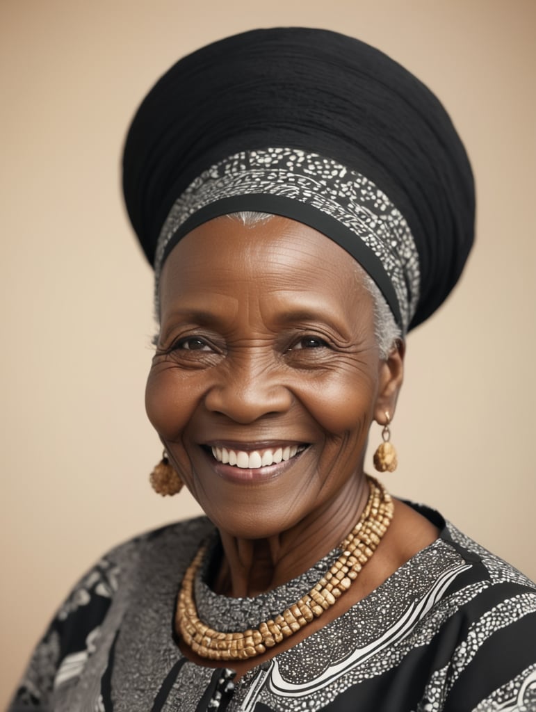 African elderly woman wearing a black African PATTERNED outfit while smiling at the camera