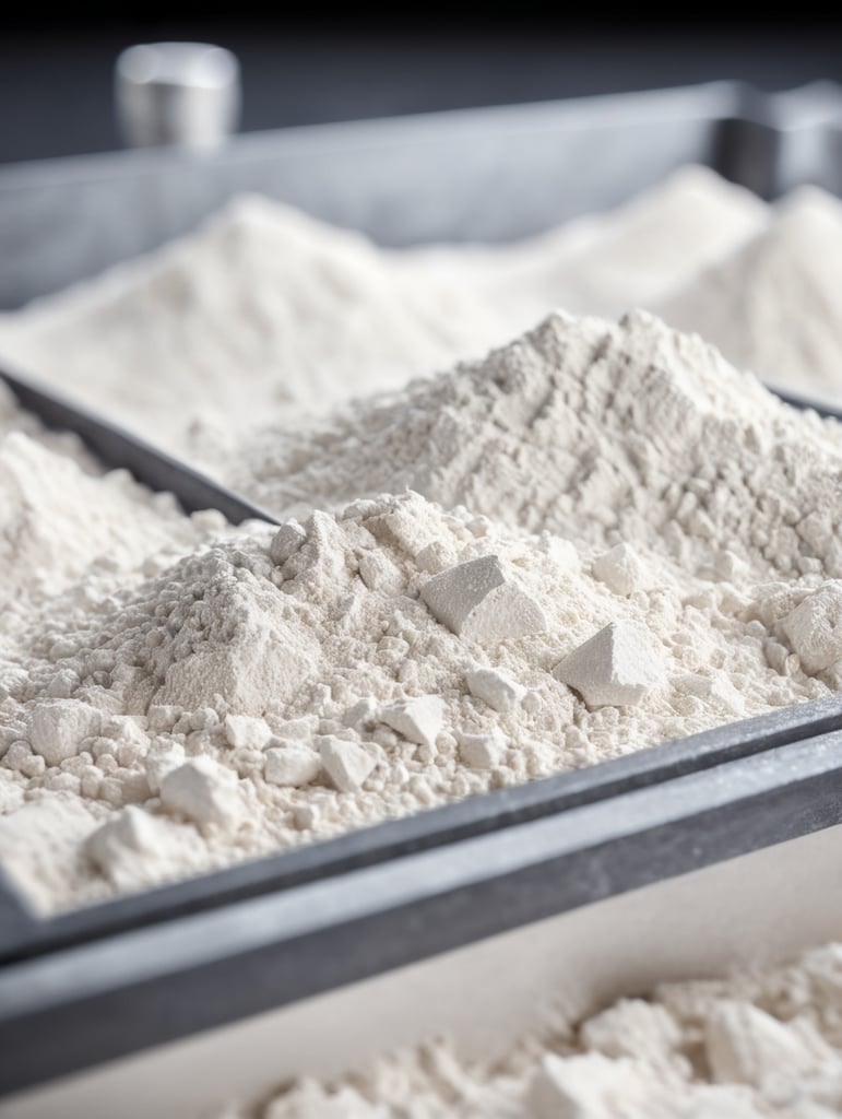 shallow depth of field 50mm lens, close up of fine limestone powder in a tray for direct air capture system