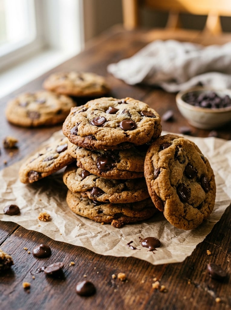 Create a warm, appetizing close-up food photograph of a stack of freshly baked chocolate chip cookies on a rustic wooden table. In the foreground, show several large cookies piled casually on crumpled parchment paper, with one cookie leaning against the stack and others partially overlapping. The cookies should look thick, golden-brown, and homemade, with slightly crisp edges, soft centers, visible crumb texture, and plenty of glossy dark chocolate chips scattered across the surface. Add a few extra chocolate chips and small cookie crumbs around the stack on the parchment and wooden table to enhance the natural bakery feel. In the background, place a few more cookies softly out of focus to create depth and a cozy composition. Use a rich rustic setting: dark warm-toned wooden boards, soft natural light, and a shallow depth of field. The lighting should be gentle and warm, highlighting the cookie texture and the glossy melted chocolate chips. The color palette should be comforting and realistic: golden beige, caramel brown, dark chocolate brown, and warm wood tones. Style: high-end food photography, homemade bakery aesthetic, cozy rustic mood, realistic textures, shallow depth of field, soft background blur, no text, no packaging, no people.