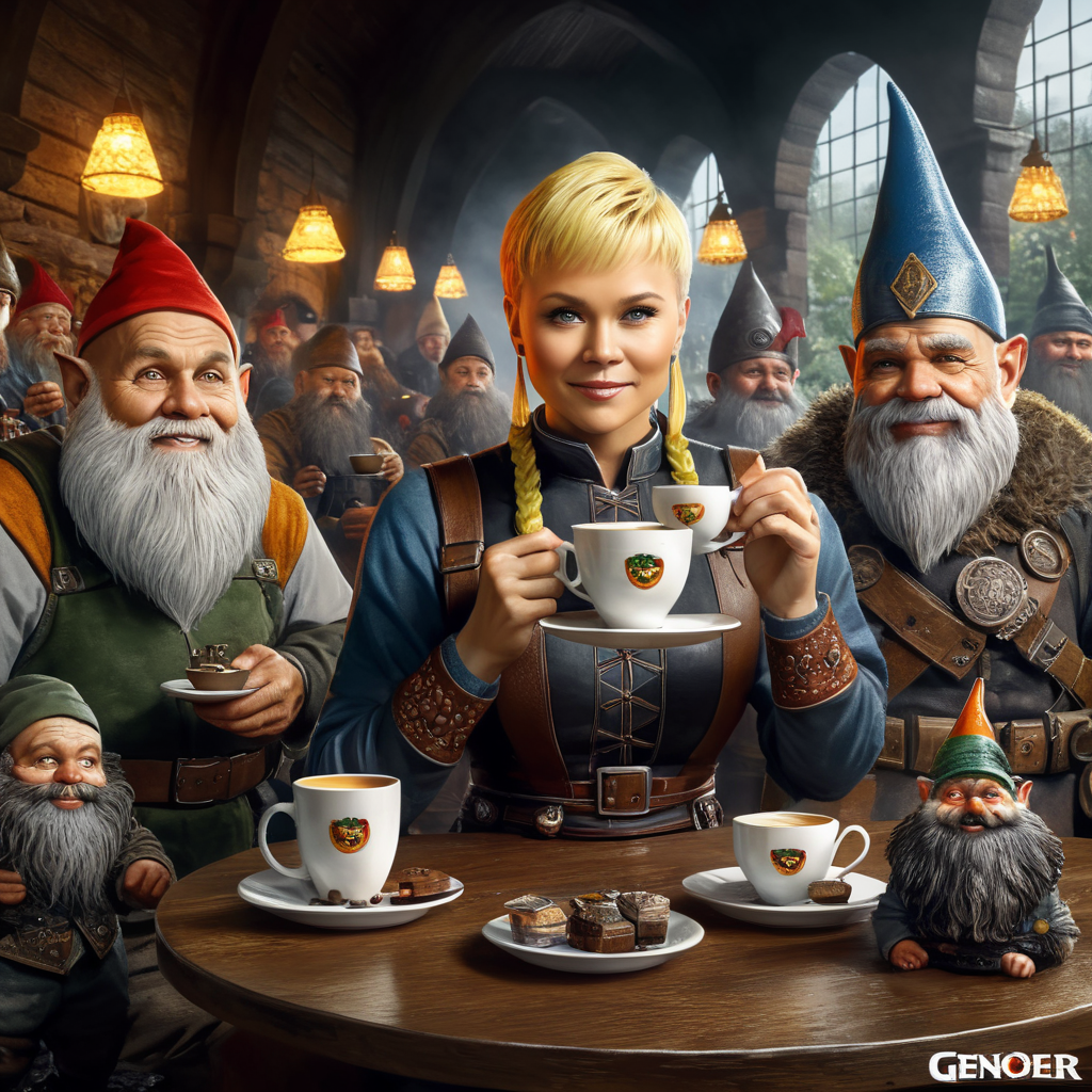 Xuxa com xicara de café na alemanha acompanhada de gnomos
