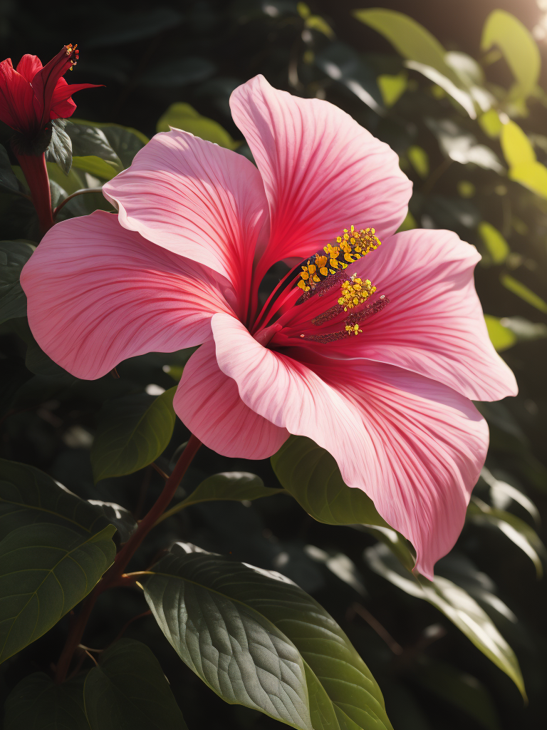 гибискус цветок розовый, в саду светит солнце