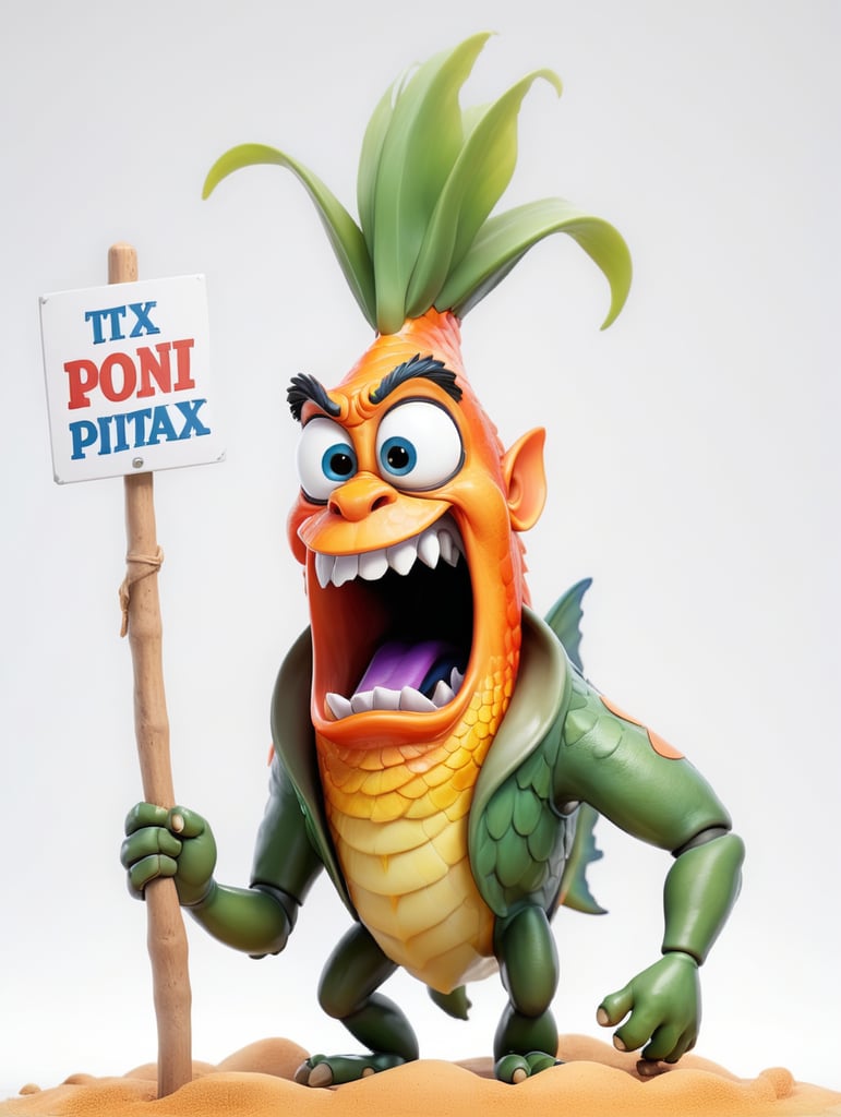 a realistic angry Genetically modified fish koi holding a sign "LAGATOTO", WHITE background