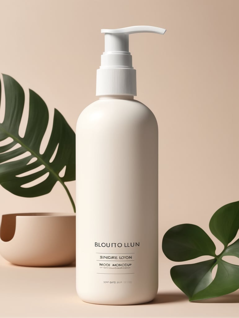 Skincare lotion blank bottle mockup, botanical background