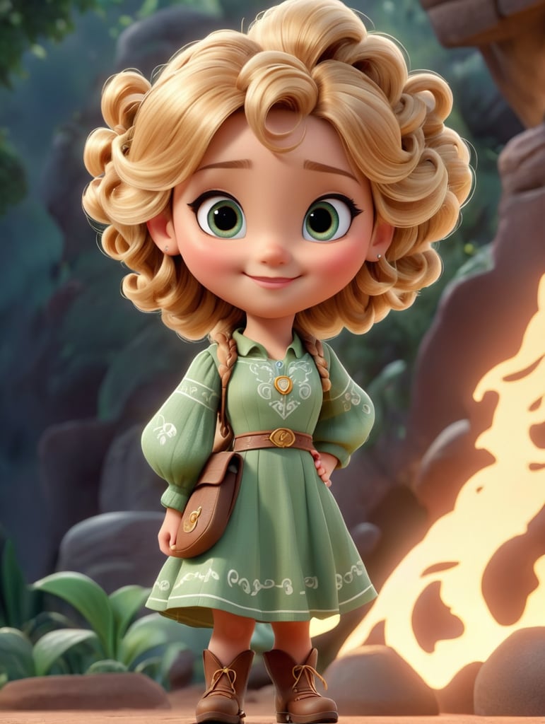girl avatar, beautiful girl, attractive dress, similar to Indiana Jones, creative, and kind-hearted person with long, curly blonde hair, big eyes, small nose, and a smiling mouth, standing centered in 3D style, rendered using beautiful Disney animation, Pixar style, Disney style, 3D style