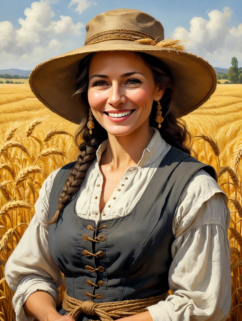 Create a pictorial illustration that shows a woman in her 50s with a friendly smile and a wide-brimmed hat. She has dark hair and wears an old peasant outfit, a white shirt and gray vest. She holds a sheaf of golden wheat in her hands. The wheat looks fresh and well preserved. The painting has an oil painting style and presents rich details in the textures of the clothes, the wheat and the features of the woman's face. he must wear period clothes of a peasant woman. Make it look like it was made by a Renaissance-era artist.