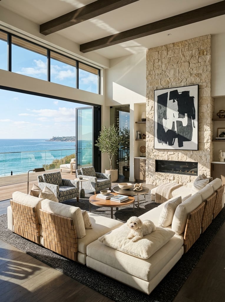 sunlit luxury living room, open folding glass doors revealing ocean view, cream modular sofa with woven leather back, dark textured rug, nested coffee tables, patterned armchairs, large stone accent wall with linear fireplace, massive abstract black and white painting, small white dog, sharp architectural shadows, high-end interior photography