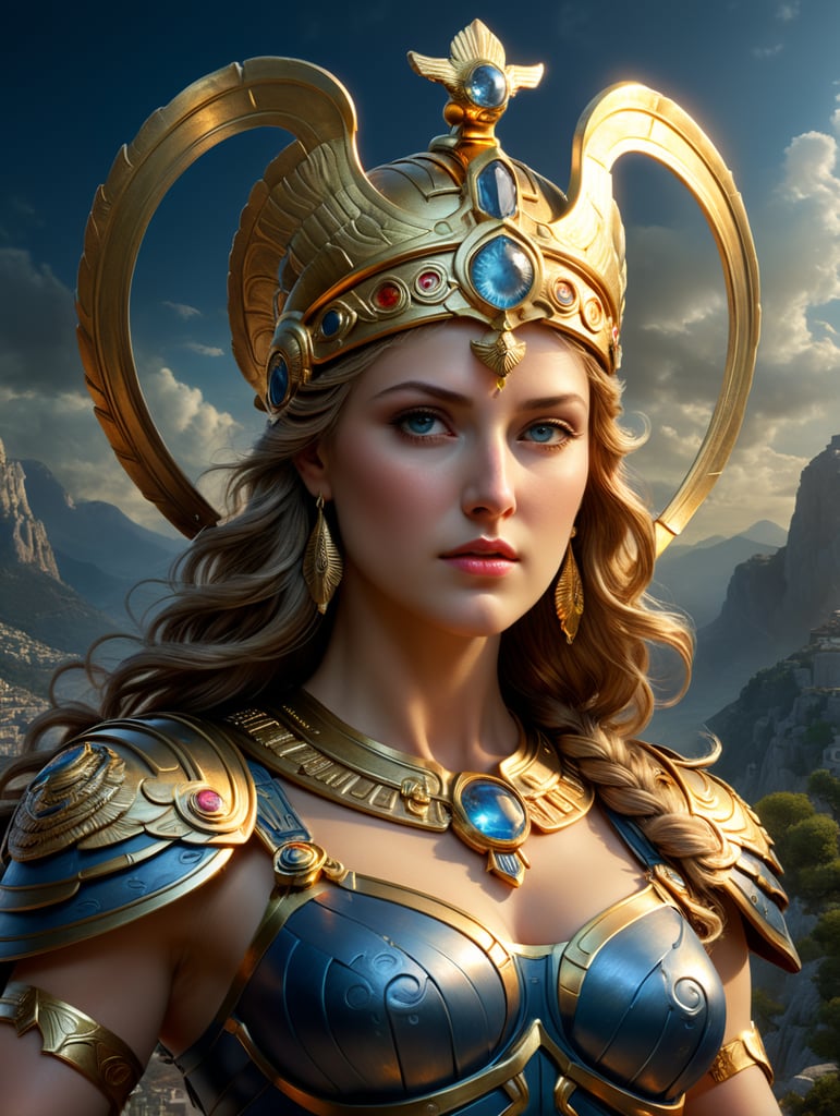 a stunning digital representation of Athena, the Greek goddess of wisdom and warfare. Highlight her unparalleled beauty with radiant fair skin that glows. Portray her with graceful features and an aura of wisdom and strength, symbolizing her divine essence."
