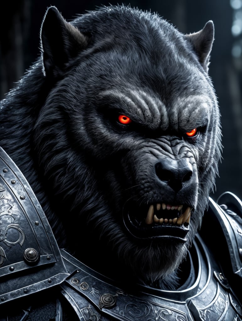 Silverback werewolf assassin wearing armor with glowing eyes