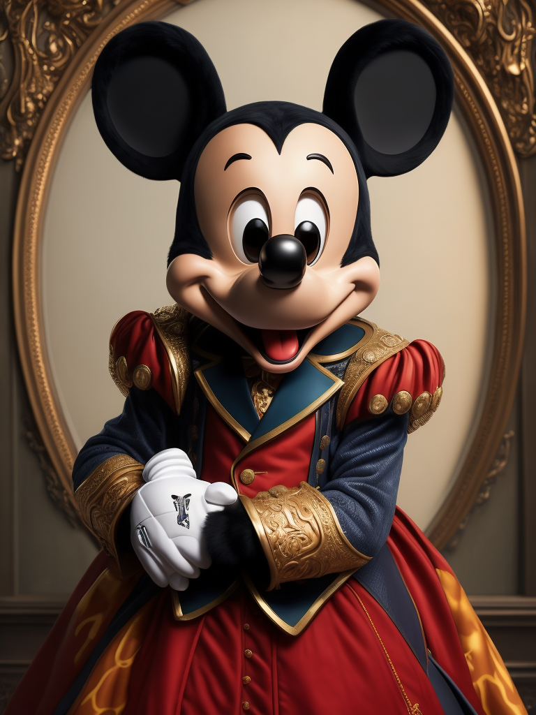 Portrait of Mickey Mouse in rococo dress. psychedelic, trippy, extremely detailed vibrant, cinematic lights, hyper realistic, hyper detailed, Sony Alpha α7, photorealistic