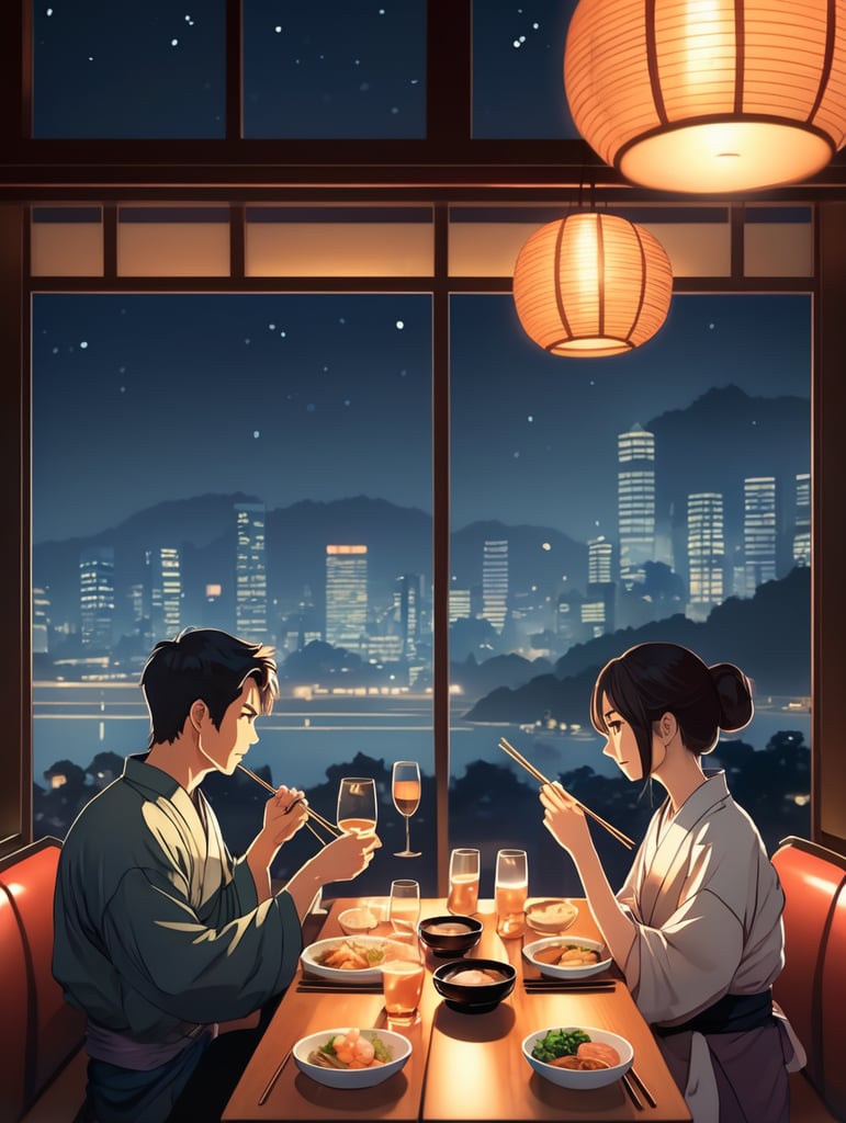 couple dinner at Japanese restaurant with warm light ambience, 2 persons, background big window glass with a night scene, anime art style