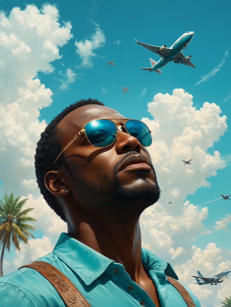 a black man raised his head up, looks at the sky, sunglasses, one airplane flies in a clear sky and leaves a mark, summer, turquoise shades, style of Richard Corben