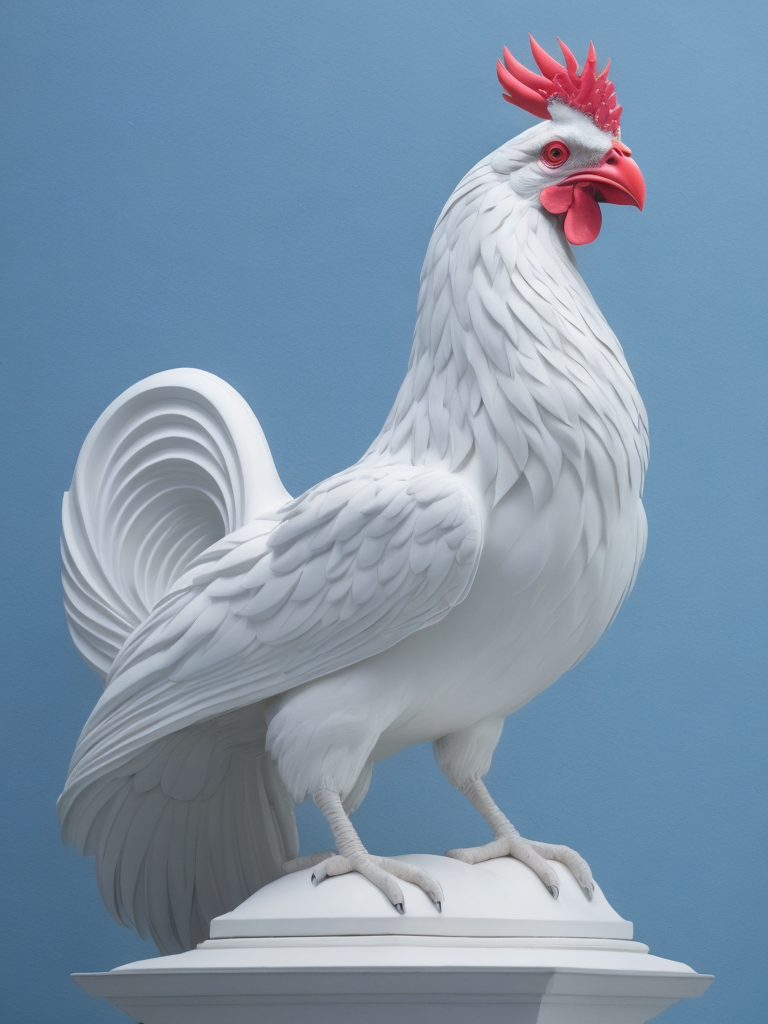 Create an all white statue depicting a majestic rooster. The lighting should highlight the artwork and create a dramatic atmosphere. The background should be a light blue sky.