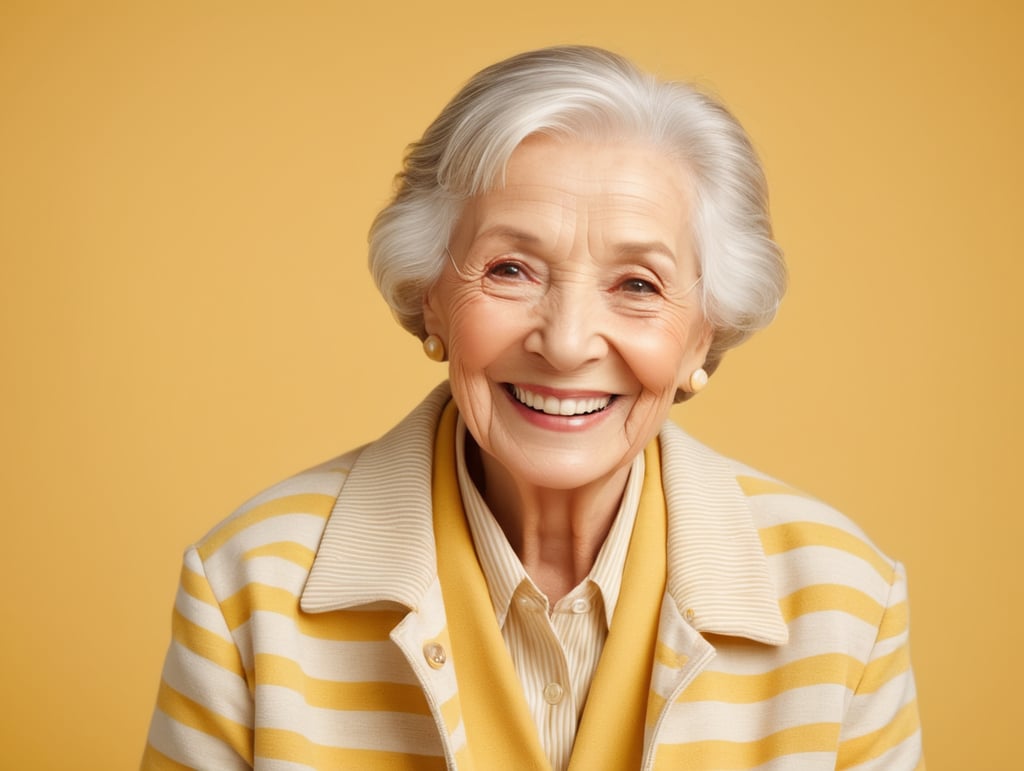 Smiling and cheerful old lady in a striped jacket on an isolated yellow background
