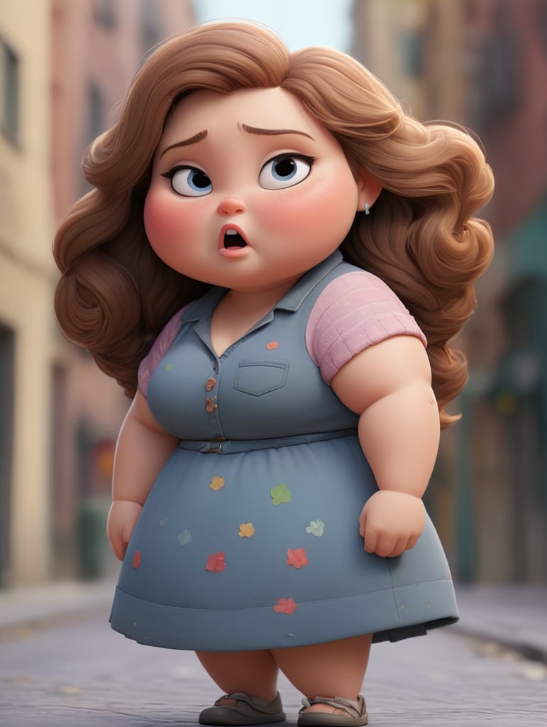 Dibujo de una chica gordita de pelo ondulado color castaño vestida de mahon caminando por calle pensando en "KREANDO"