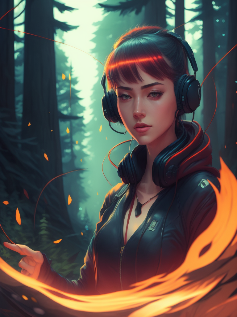 Beautiful girl listening to relaxing music with her headphones that takes her to a surreal forest, art by ilya kuvshinov and wlop, intricate, sharp focus, trending on artstation