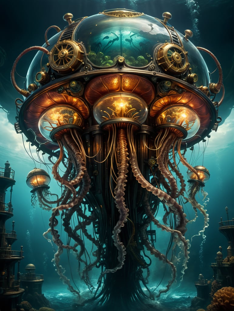 image beautiful unique steampunk artwork fantasy, steampunk style jellyfish, skilled craftsmanship, isolate, deep ocean dark setting,