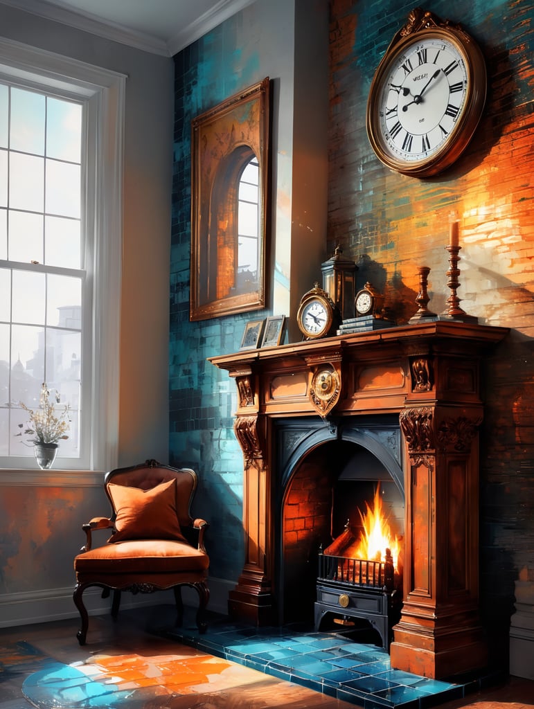 Wood burning in a fireplace with a tiled surround and a mantle piece with an old clock on it