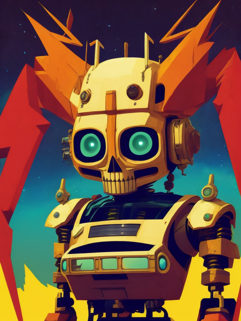 60s cartoon style photo of a huge savage skelton emopunk robot in far off galaxy, style of hannah barbara, studio ghibli, akira toriyama, james gilleard, warner brothers, trending pixiv fanbox, acrylic palette knife, vibrant colors, devinart, trending on artstation, low details, smooth