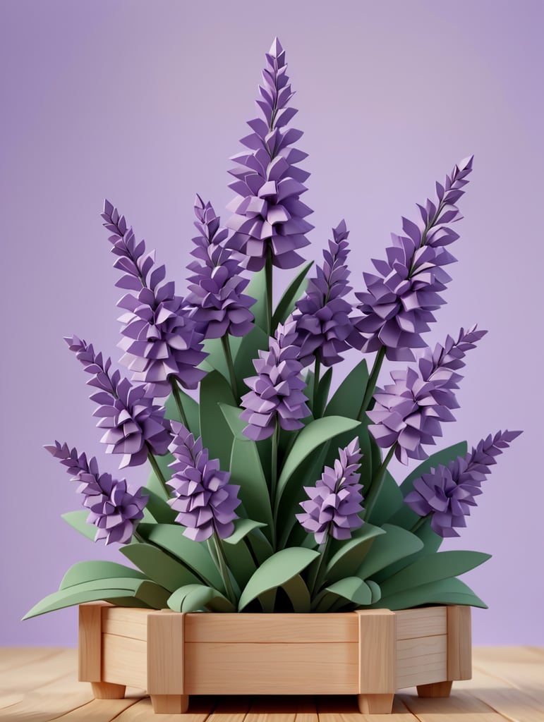 origami lavender flowers on a wooden stand on a lavender background