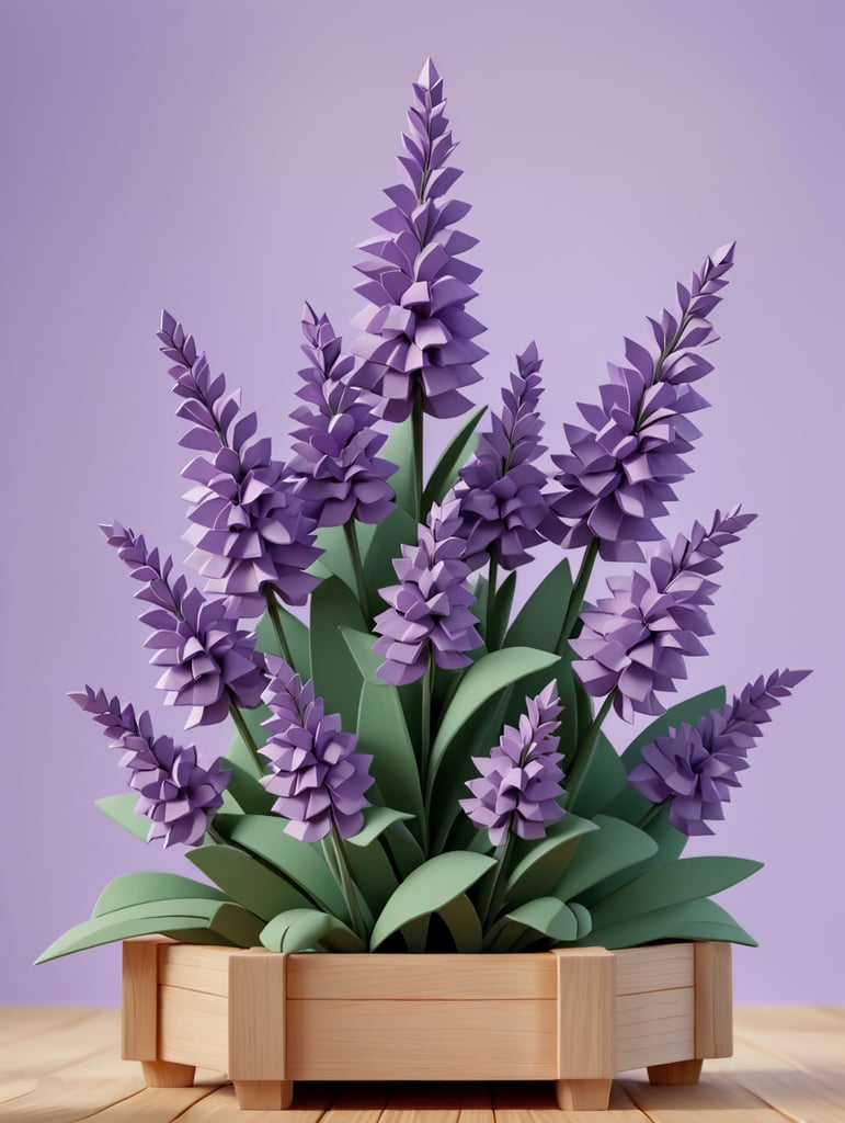 origami lavender flowers on a wooden stand on a lavender background