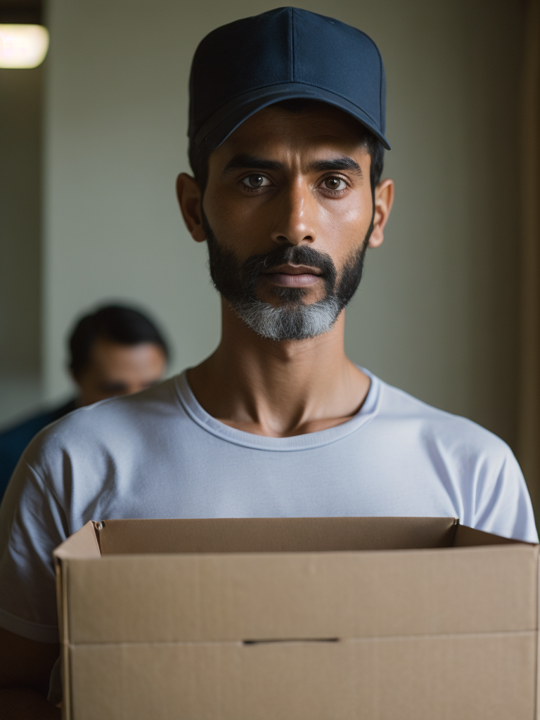 portrait of a delivery Indian man with black beard, wearing a white cap and white t-shirt, holding a box