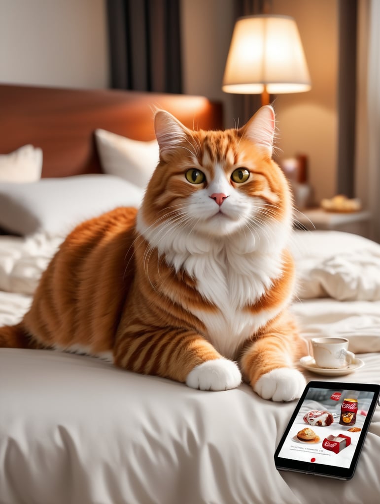 A picture of an adorable Garfield cat lying on a bed. In the photo, the room is bright. Garfield is covered with a soft quilt and the light is bright. He is holding a big iPad in his hand. There is a small exquisite bedside lamp. Snacks, cakes, fried chicken, and a large bottle of Coca-Cola are scattered on the bed. Realistic and romantic style, ultra-high definition, 32k Ultra HD