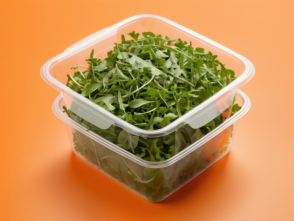 blank Transparent Plastic Container with Arugula Salad, isolated, orange background, Mockup, mock up